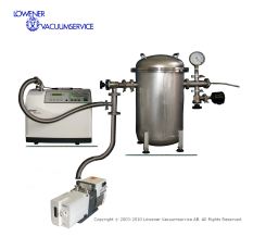 Manual helium leak test equipment with helium leak detector, vacuum pump and vacuum chamber. Click for bigger picture.