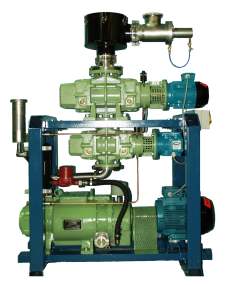 Vacuum pumping unit with two roots vacuum pumps and one dry vacuum pump.